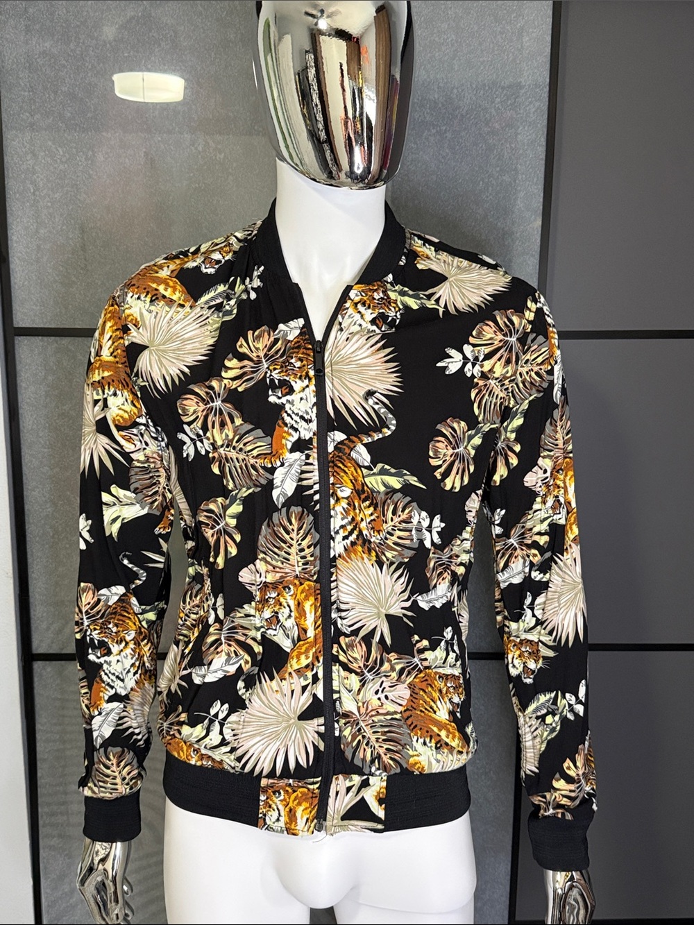 Black Tropical Tiger Print Bomber Jacket